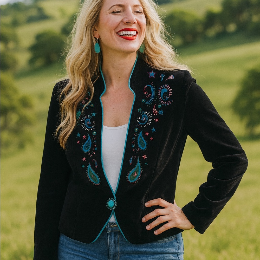 Double D Ranch Scout velvet heavily embroidered turquoise studded jacket EUC - Picture 7 of 9
